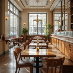 elegant café with wooden tables