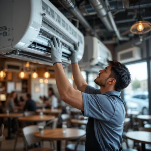 Technician wearing gloves repairing an air conditioning unit on a commercial café