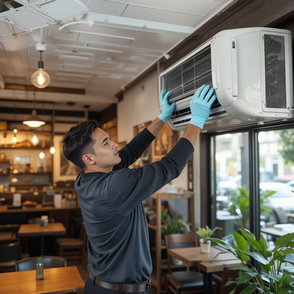 Technician wearing gloves repairing an air conditioning unit on a commercial café rooftop.