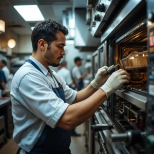 Technician wearing gloves repairing a commercial oven in a busy restaurant kitchen.