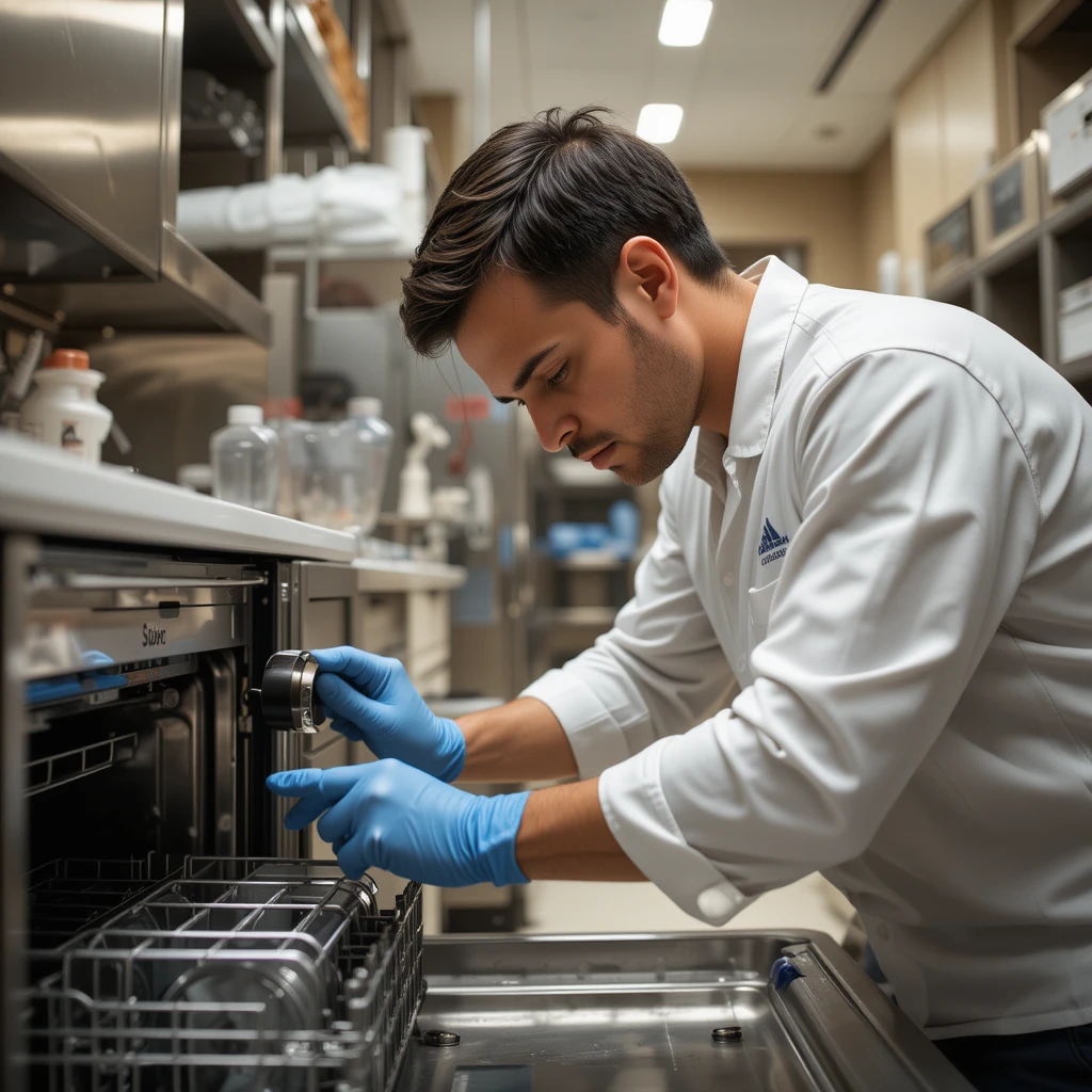 Technician wearing gloves repairing a dishwasher in a high-end resort kitchen.