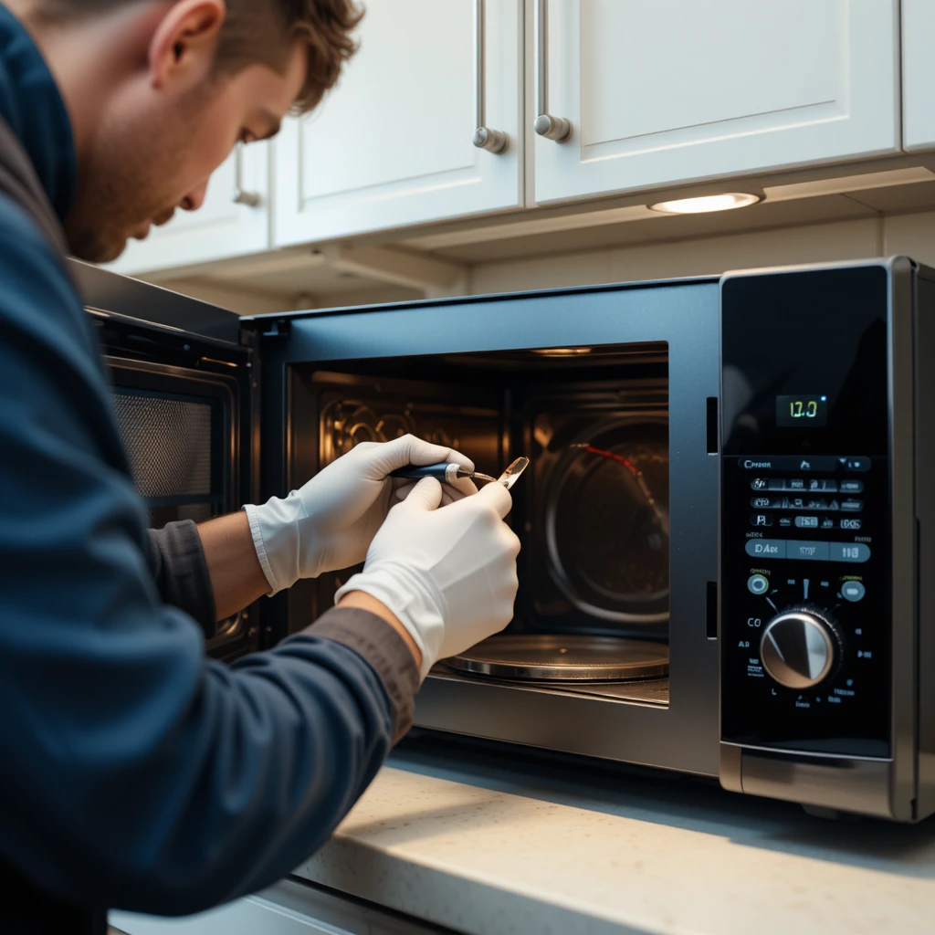Technician wearing gloves repairing a microwave in a modern kitchen with precision tools.
