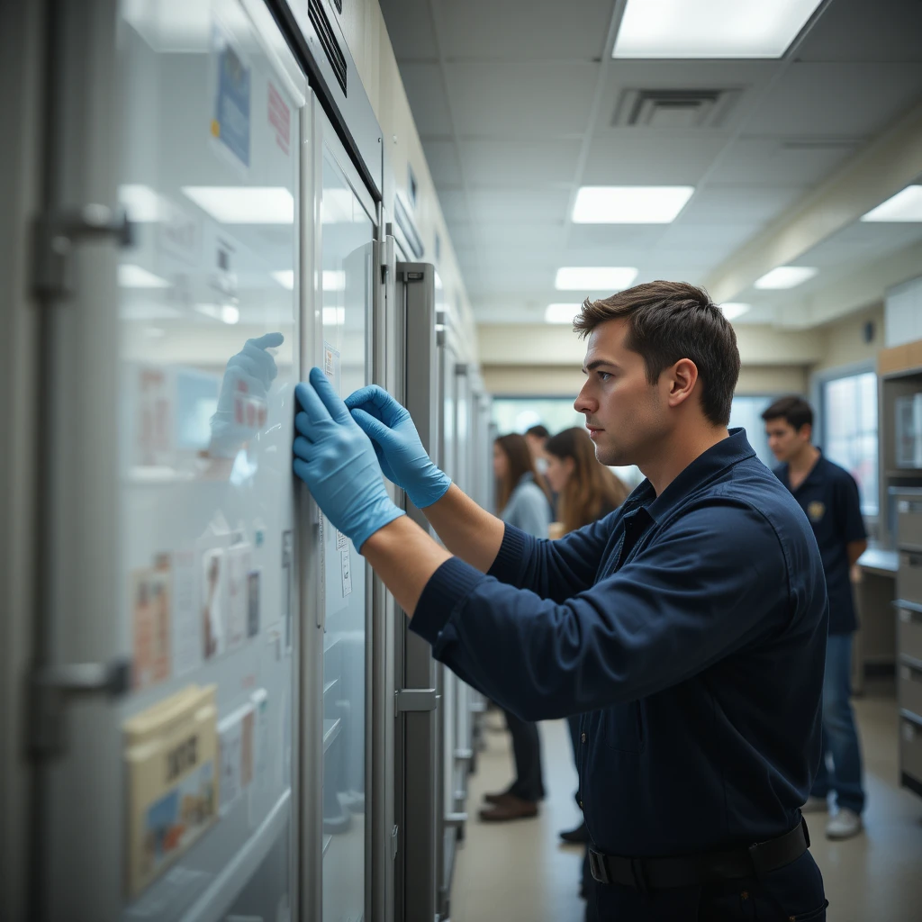 Technician wearing gloves repairing a refrigerator in a school cafeteria kitchen