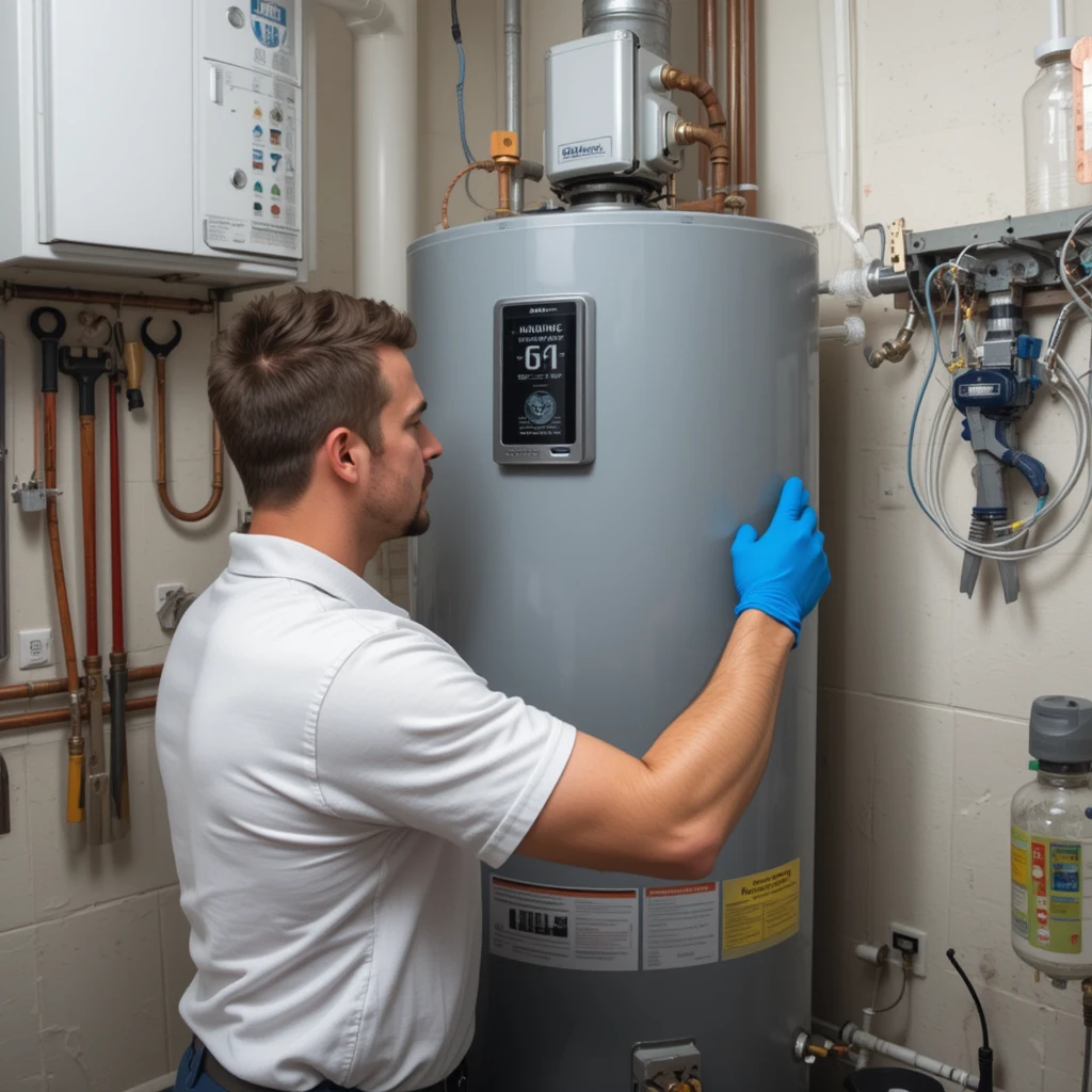 Technician wearing gloves inspecting a tank water heater in a clean and organized utility room.