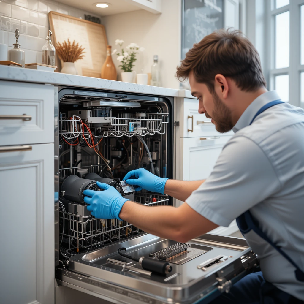 Technician wearing gloves repairing a built-in dishwasher in a high-end kitchen.