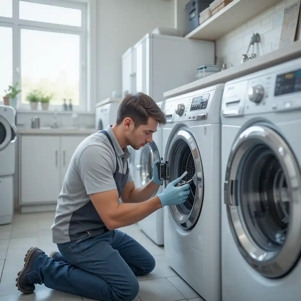 Technician Repairing Washing Machine in Laundry Room