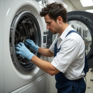 Technician wearing gloves repairing a washing machine in a university dormitory laundry room.