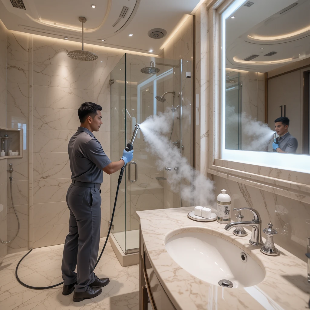 Professional steaming and sanitizing a luxurious UAE bathroom