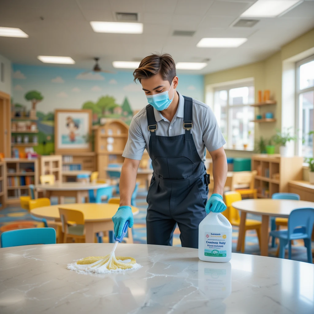 Technician sanitizing a daycare play area in UAE