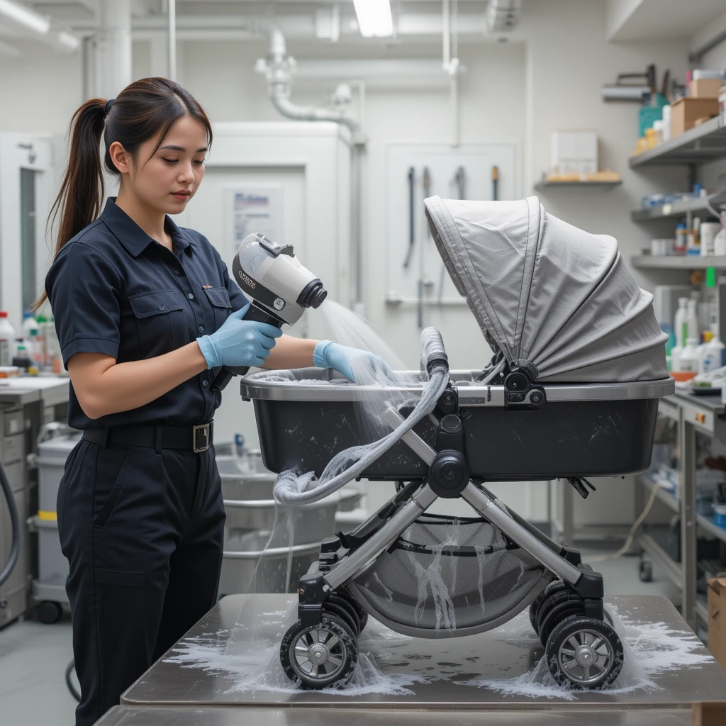 Technician steam cleaning a double stroller in UAE